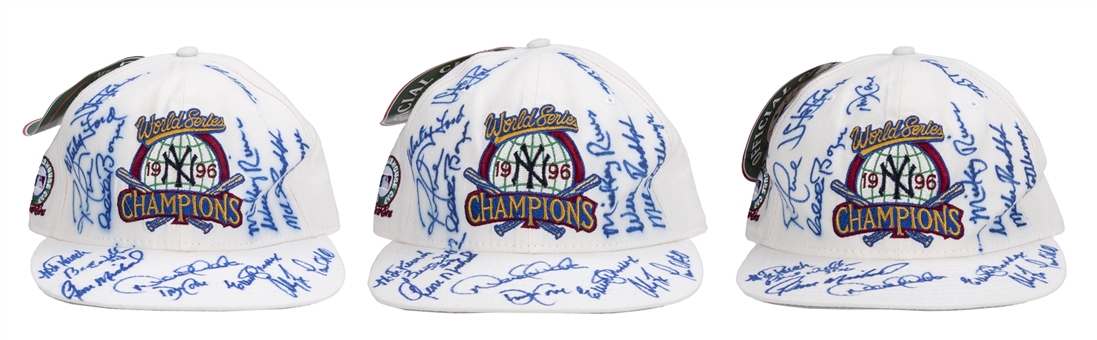 Lot of (3) 1996 New York Yankees 15 Signature World Series Champions Hats Including Derek Jeter, Bernie Williams, Paul ONeill, Whitey Ford and Jorge Posada (JSA Auction LOA)